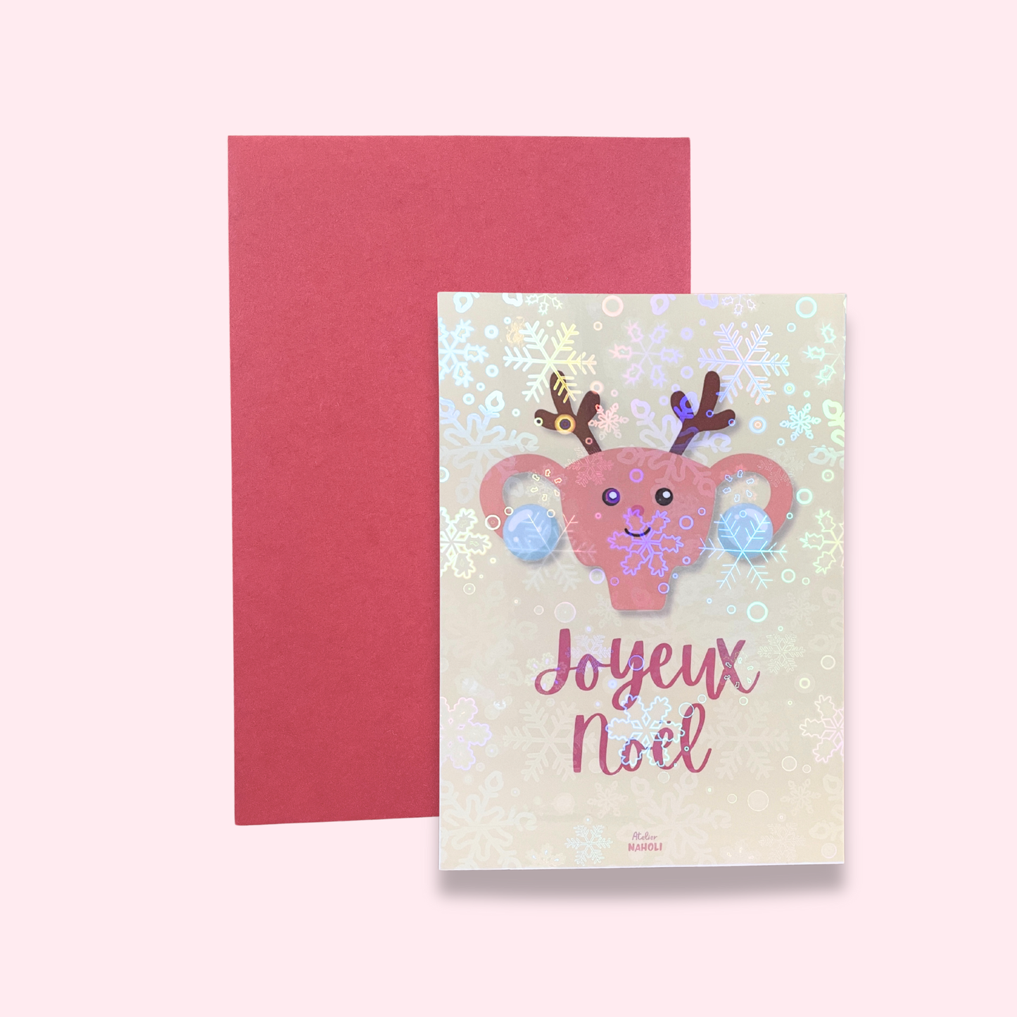 Carte Joyeux Noël , uterus de noel - effet flocons