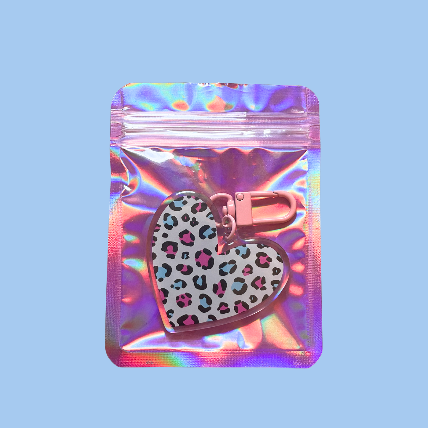 Porte-clé - coeur léopard - coloré bleu et rose