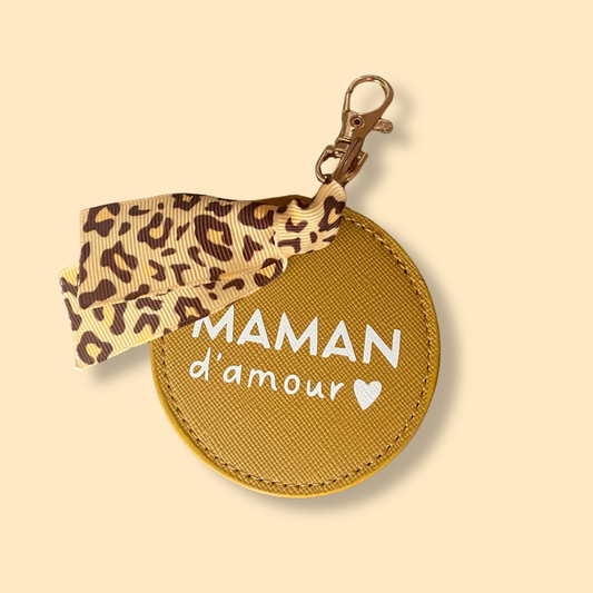 Porte-clé simili cuir MOUTARDE - ruban léopard - personnalisé