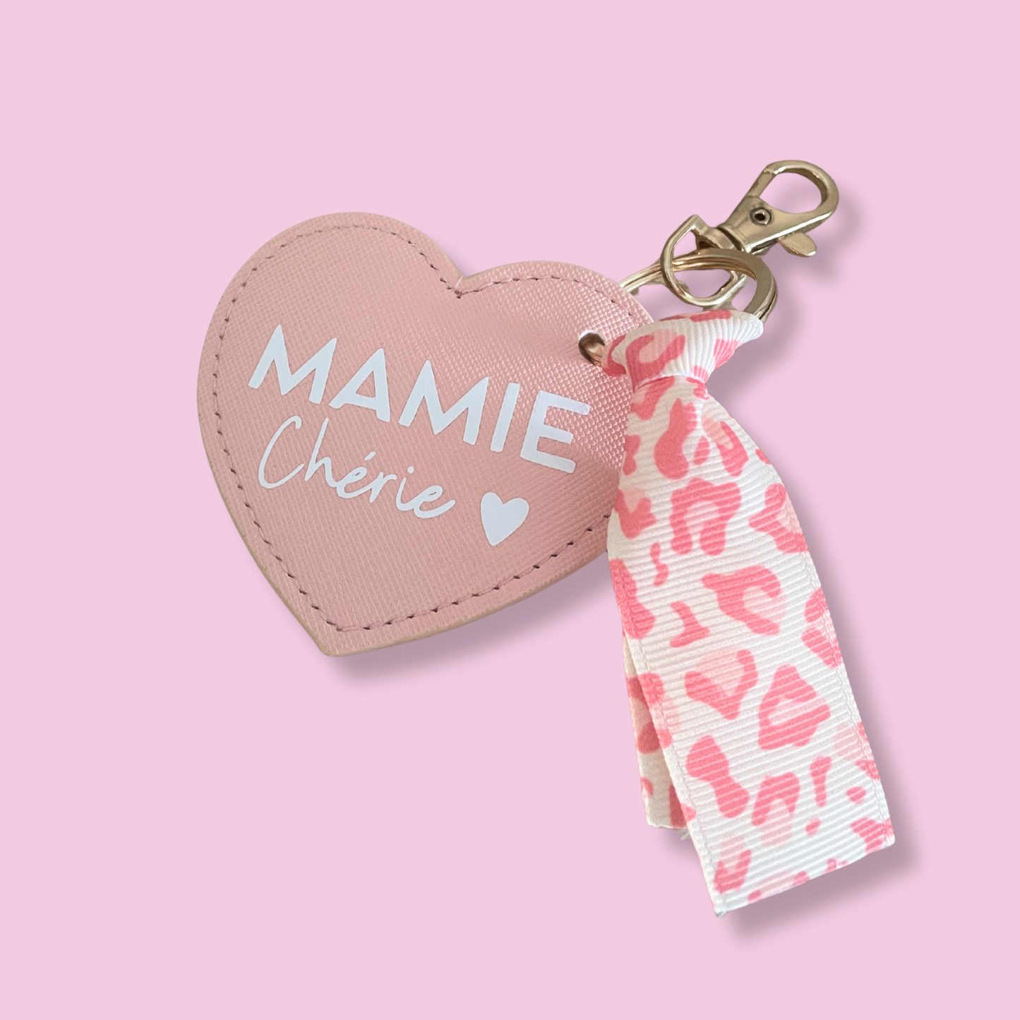 Porte-clé simili cuir COEUR ROSE - ruban léopard - personnalisé