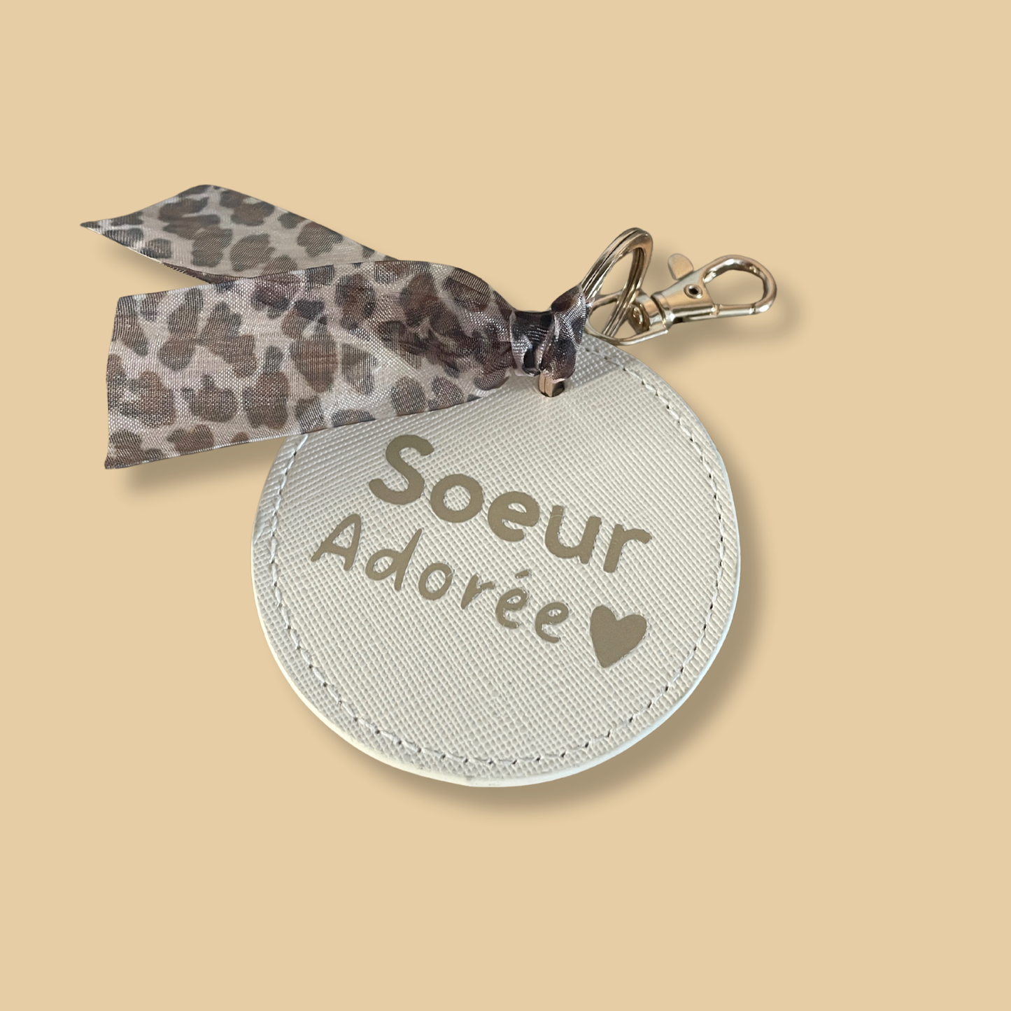 Porte-clé simili cuir CRÈME - ruban transparent léopard - personnalisé