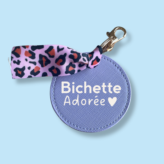 Porte-clé simili cuir LILAS - ruban léopard - personnalisé
