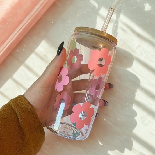 Verre cannette à paille - Fleurs roses