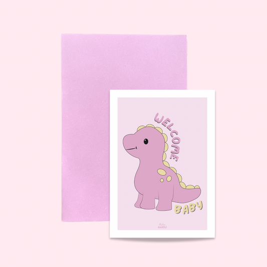 Carte "Welcome baby" dinosaure rose