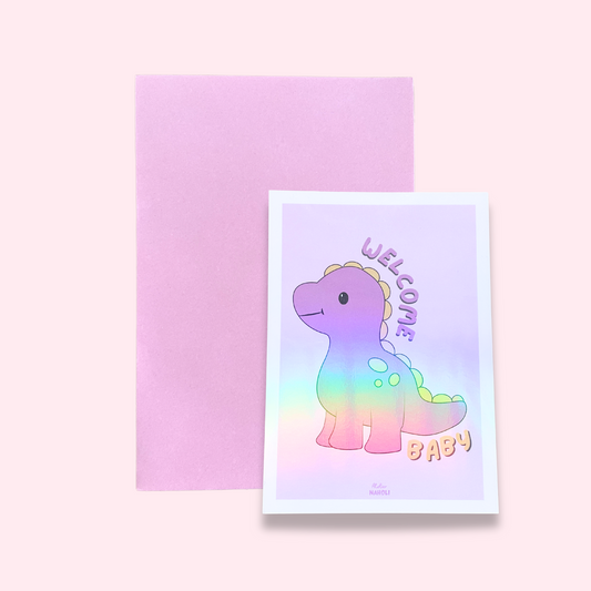 Carte "Welcome baby" dinosaure rose